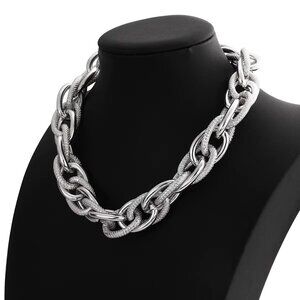 Chunky Choker Silver Necklace - Cuban Link Chain Double O Link Necklaces Hip-hop